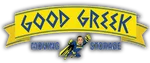 Good Greek Moving Storage logo with a superhero character in blue and yellow flying below the text banner.