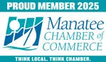 Logo of Manatee Chamber of Commerce with Proud Member 2025 and Think Local Think Chamber text