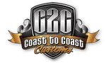 Metallic shield logo with G2C and gold ribbon reading Coast to Coast Customs automotive design.