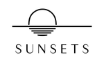 Minimalist logo with a stylized sun setting over a horizon and the word SUNSETS below it.