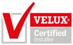 Velux Certified Installer logo with a red checkmark and bold white text on red and gray backgrounds.