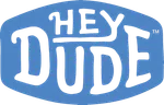 Hey Dude logo in black text on a blue oval background with a casual font style.