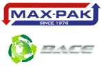 Logos of Max-Pak with red and blue arrows and BACE with a green globe recycling symbol