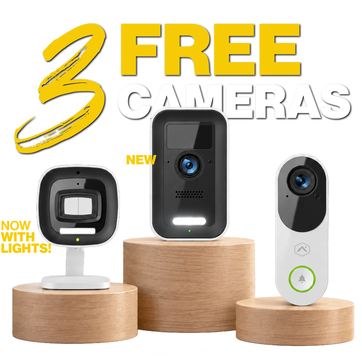Three modern security cameras displayed on wooden platforms with text highlighting free offer and new features.