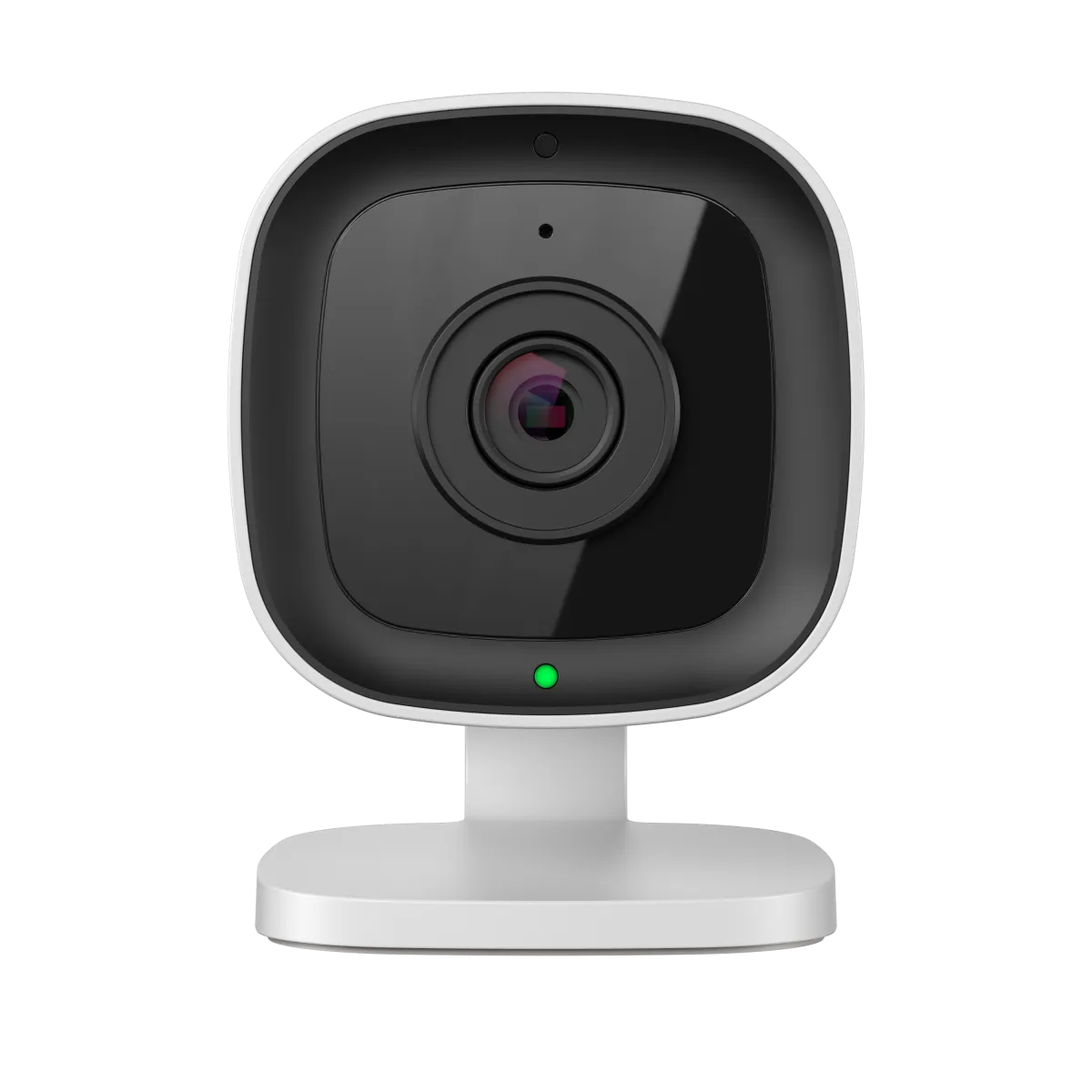 Front view of a modern white and black security camera with a single lens and green indicator light.