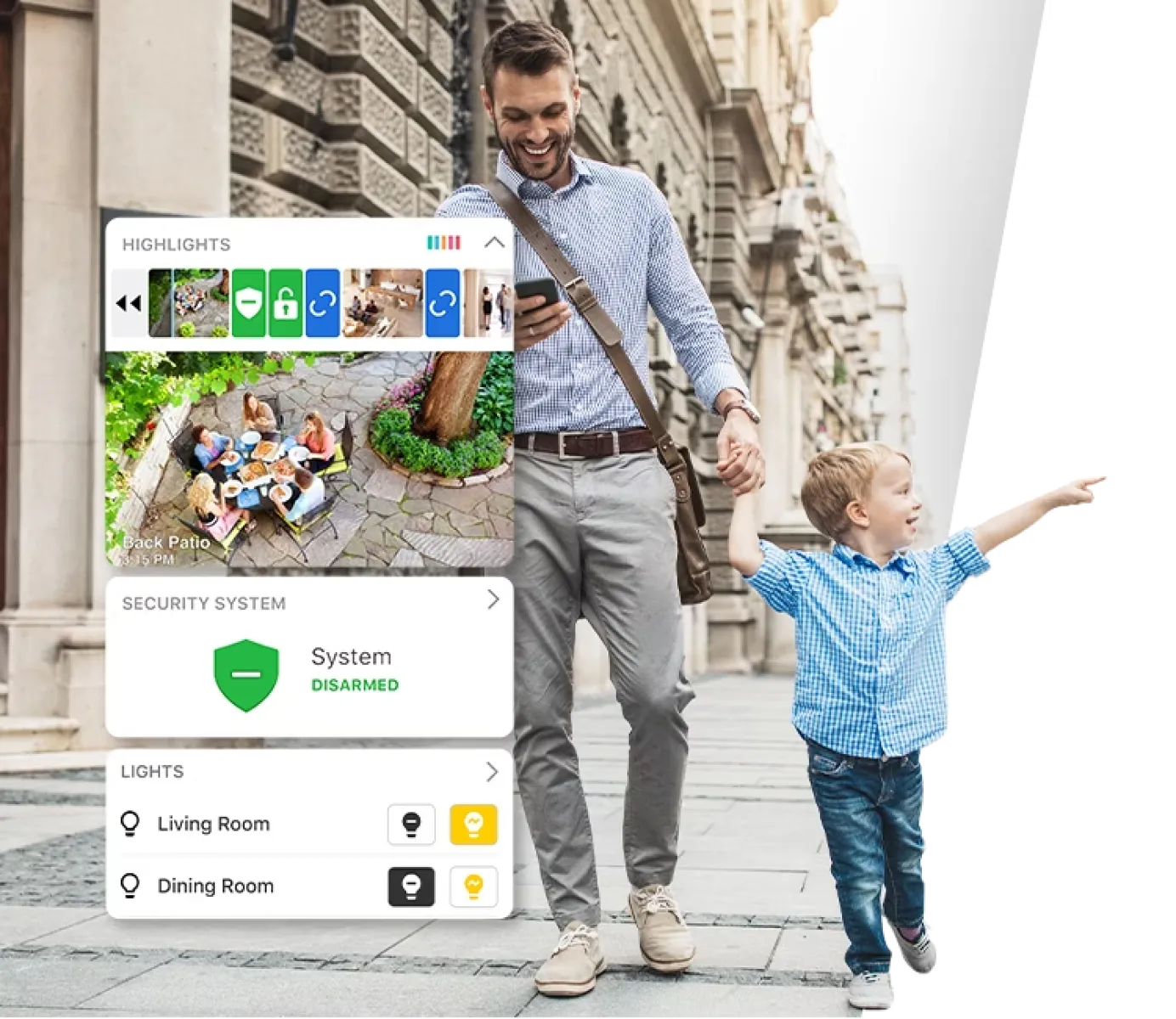 Father and son walking outdoors with a smartphone app showing home security and lighting controls on screen.