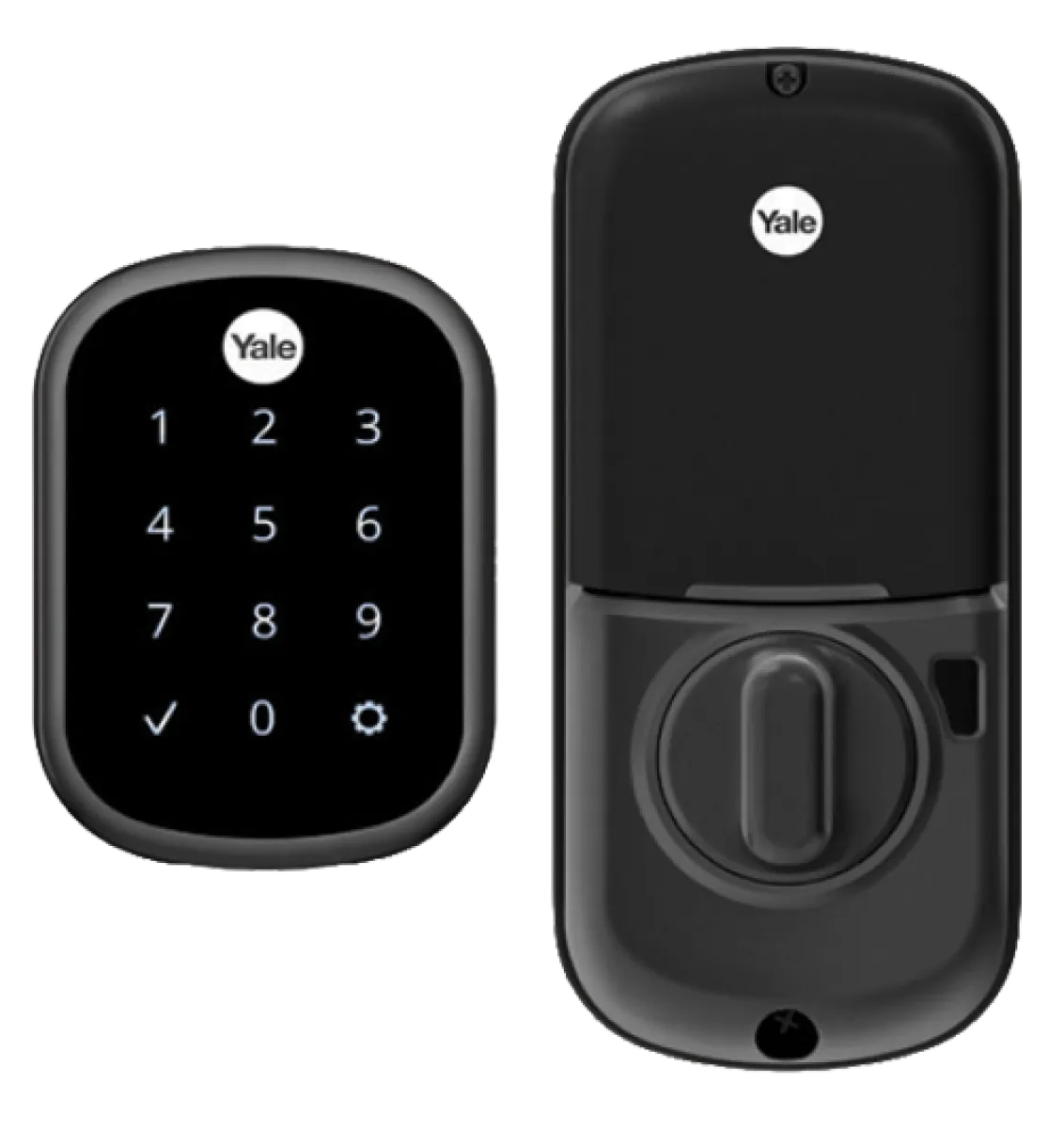 Black Yale digital smart lock with touchscreen keypad and interior thumb turn lock mechanism