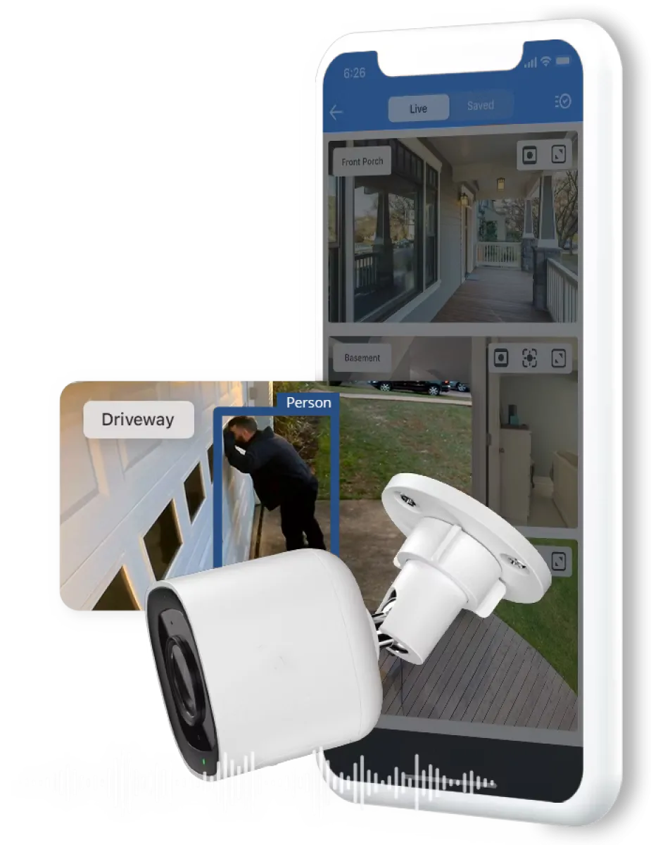 Home security camera system with live app monitoring showing a person detected at the driveway and front porch views.