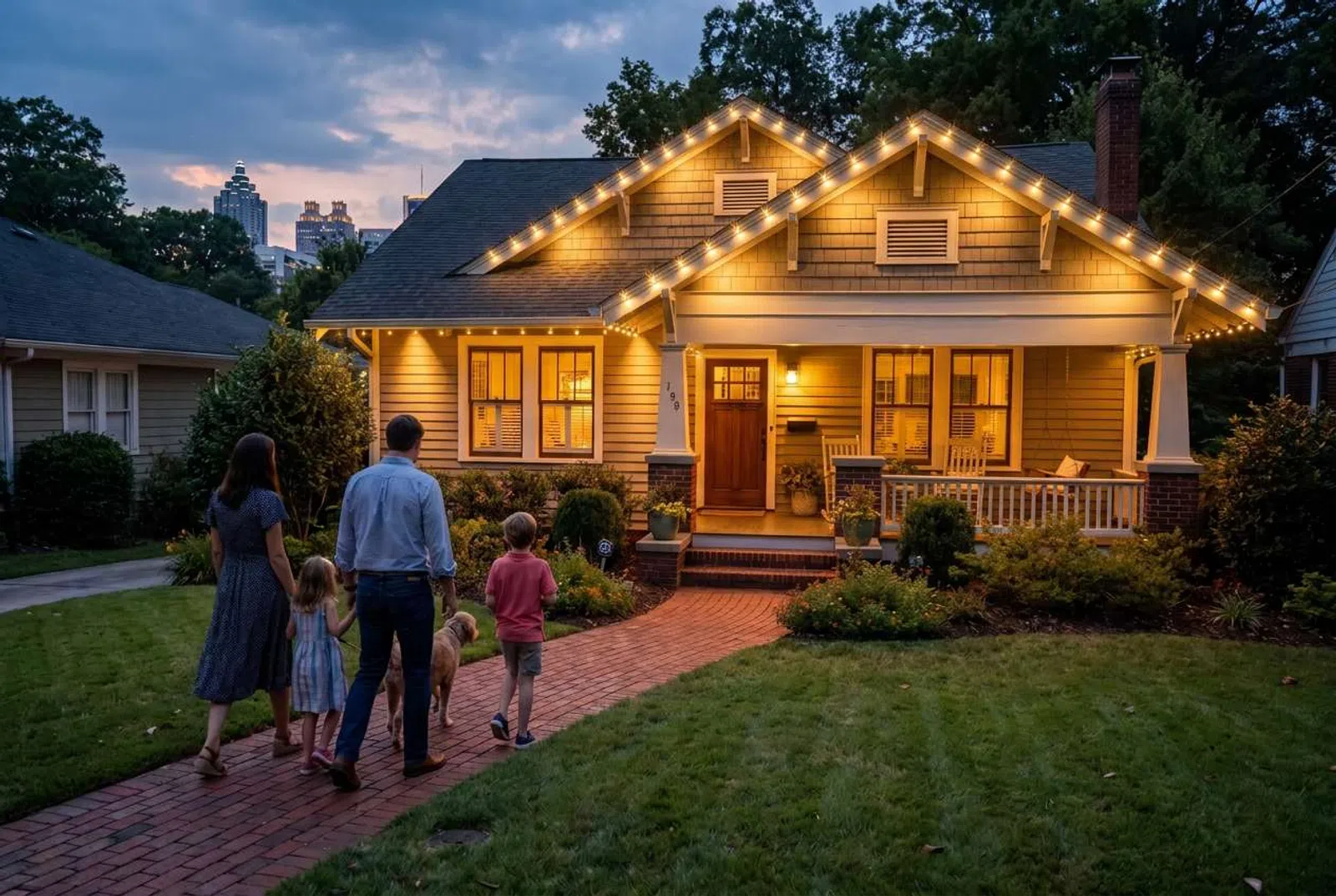 Family of four and a dog walking toward a warmly lit suburban home with string lights at dusk.