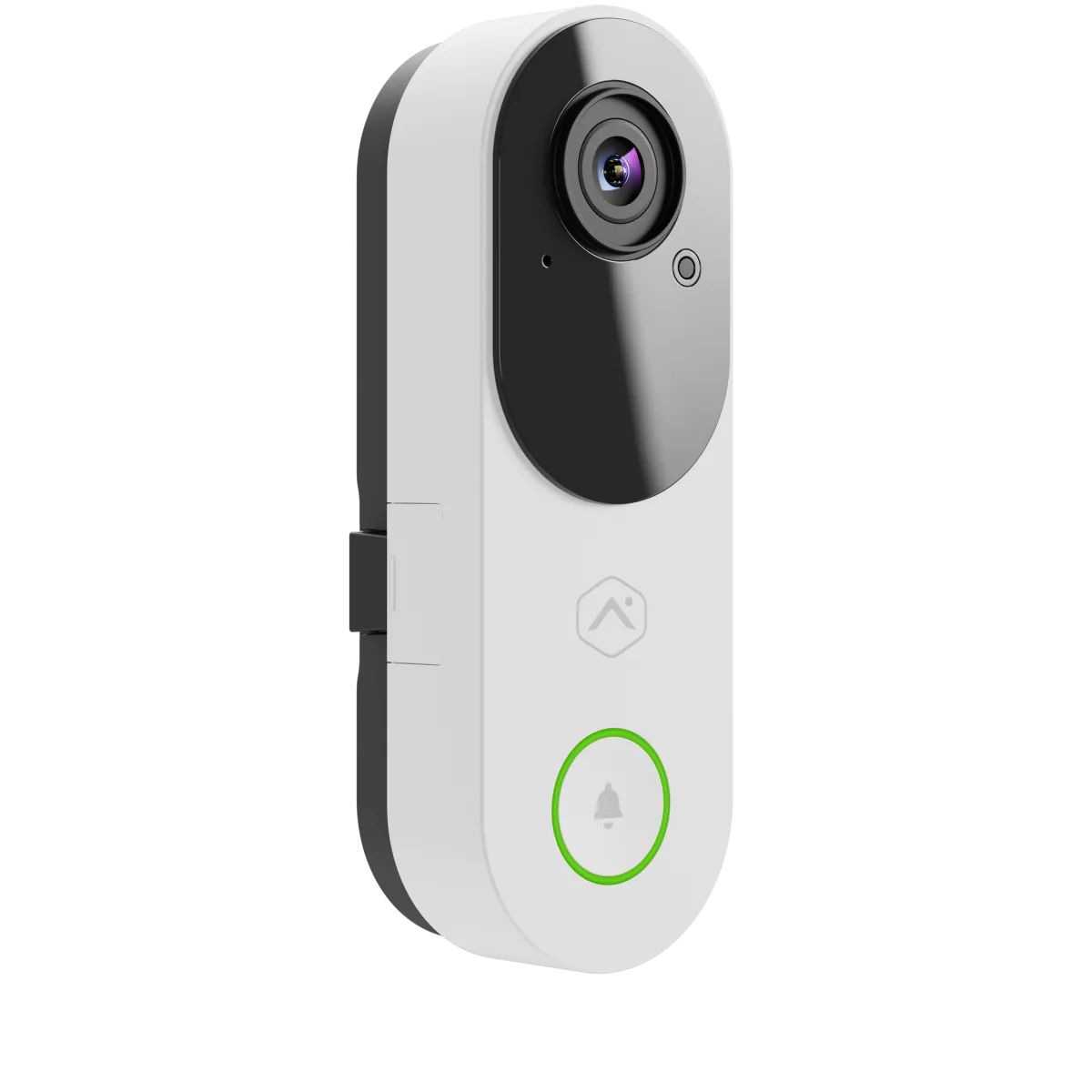 Sleek modern video doorbell with camera lens, LED indicator, and doorbell button on black background