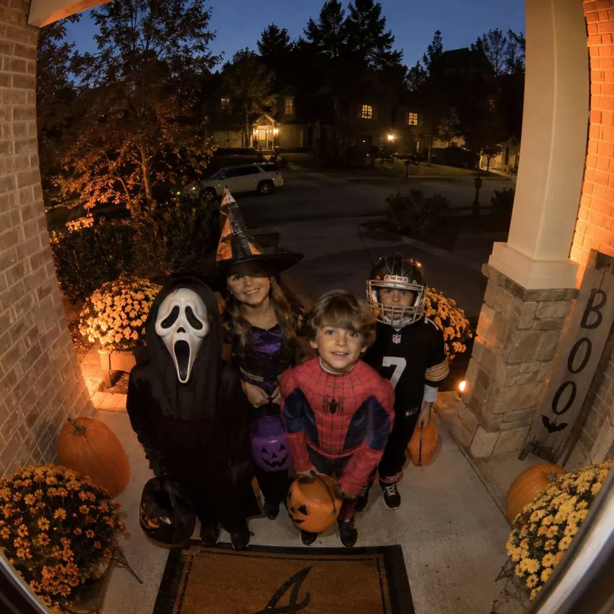 Children in Halloween costumes including witch, Spider-Man, ghost, and football player holding pumpkin buckets at night.