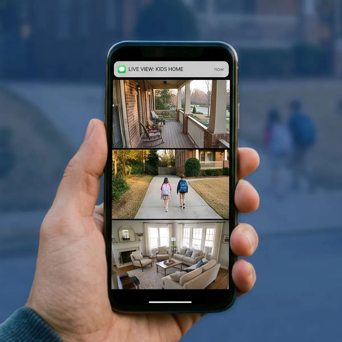 Hand holding smartphone showing live home security camera views of porch, children walking, and living room interior.