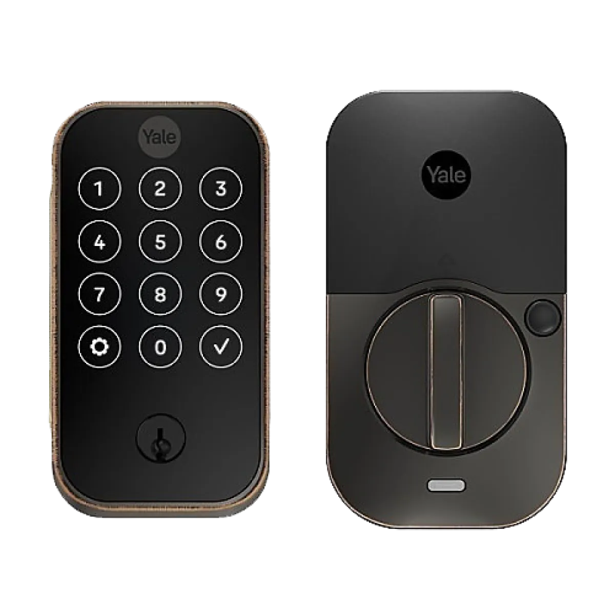 Yale smart door lock with touchscreen keypad and deadbolt lock in black and bronze finish.