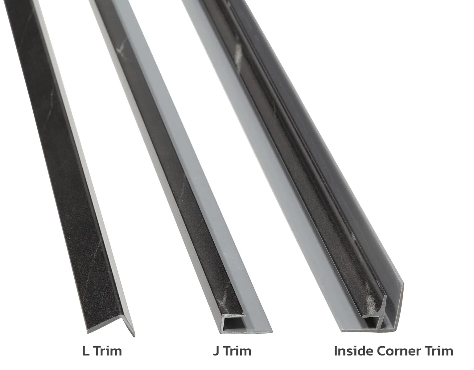 Black L Trim, J Trim, and Inside Corner Trim pieces displayed on white background for construction use