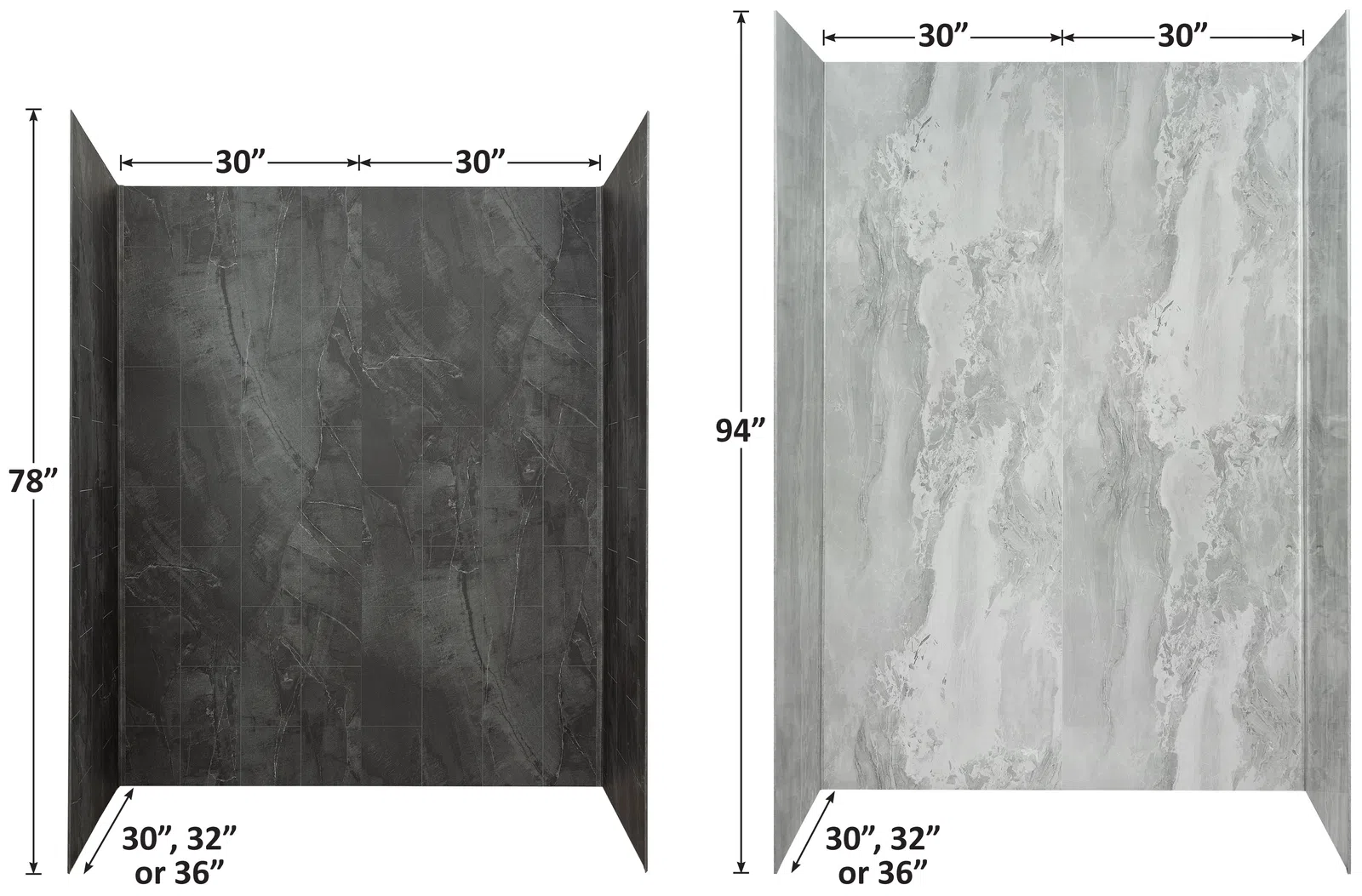 Black and white shower wall panels with dimensions 30x30 inches width and 78 to 94 inches height options.