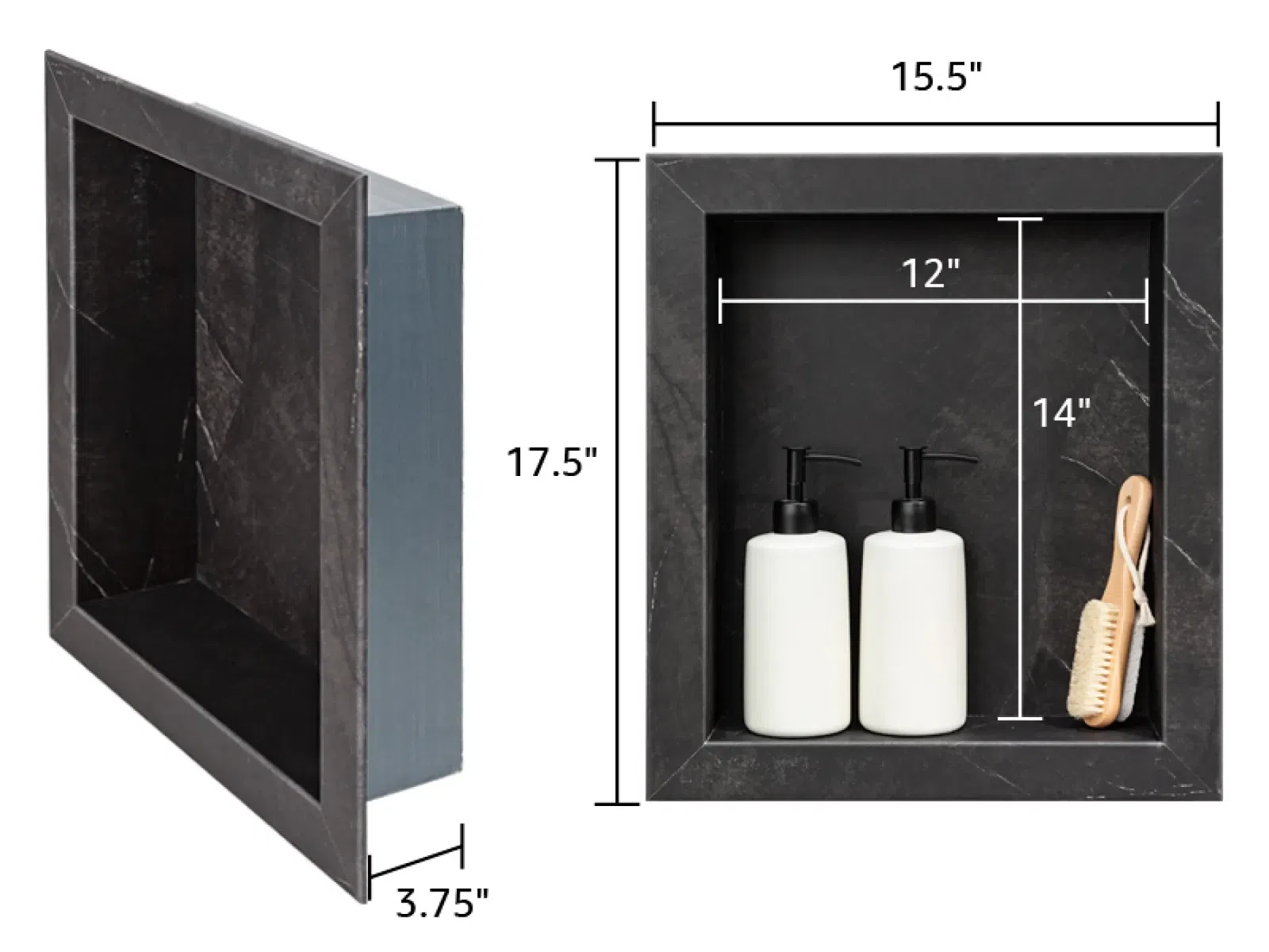 Black marble shower niche with dimensions 15.5x17.5x3.75 inches featuring soap dispensers and a brush.