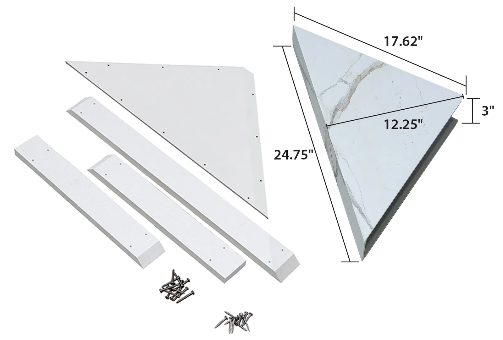 White triangular shelf with screws and supports, showing dimensions of 17.62 by 24.75 by 3 inches.