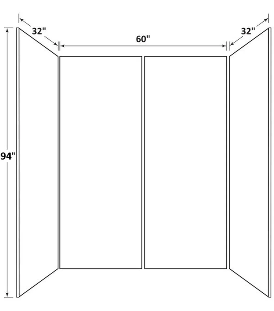 Diagram showing dimensions of a multi-panel display with center 60 inch panels and 32 inch side panels, height 94 inches