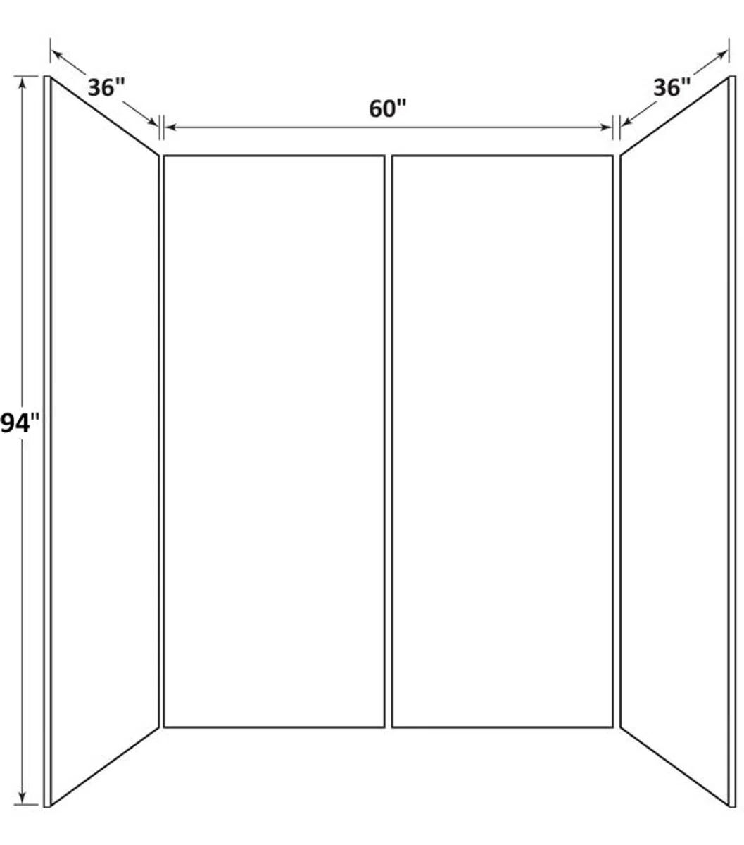 Diagram of a three-panel folding display board with measurements 94