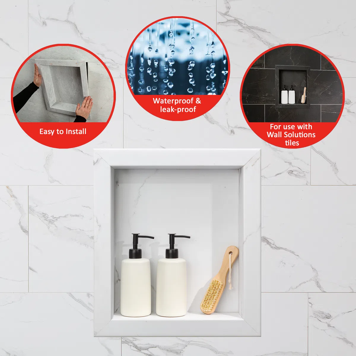 Built-in shower niche with soap dispensers and brush on marble tile wall showcasing installation and waterproof features.