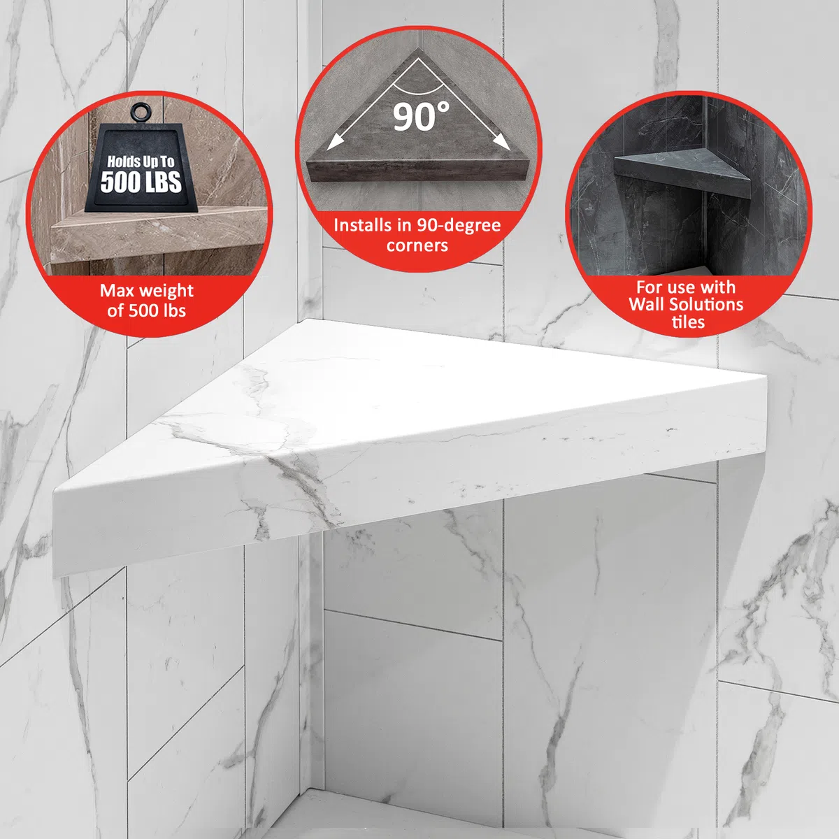 White marble corner shower shelf installed on 90-degree wall holding up to 500 lbs with Wall Solutions tile.