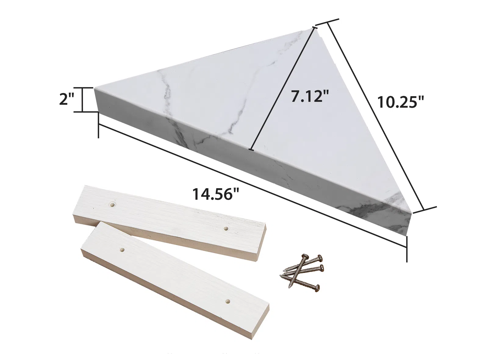 Triangular marble wall shelf with white wooden brackets and screws, dimensions labeled for installation.