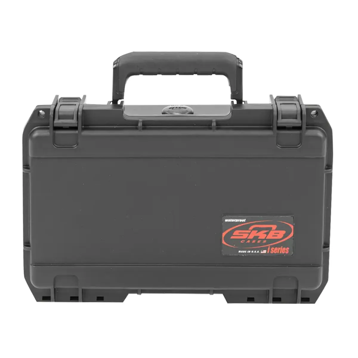 Black SKB waterproof hard case with handle and secure latches, designed for durable equipment protection.