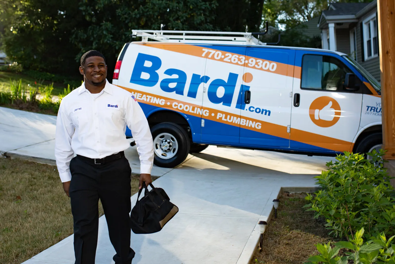 Bardi technician arriving for HVAC service at a residential home
