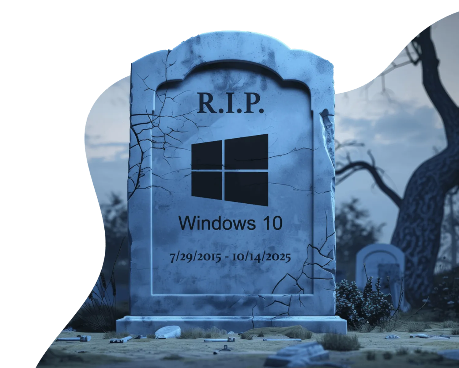 Tombstone with cracked texture shows Windows 10 logo and dates marking end of support in 2025, set in eerie graveyard.