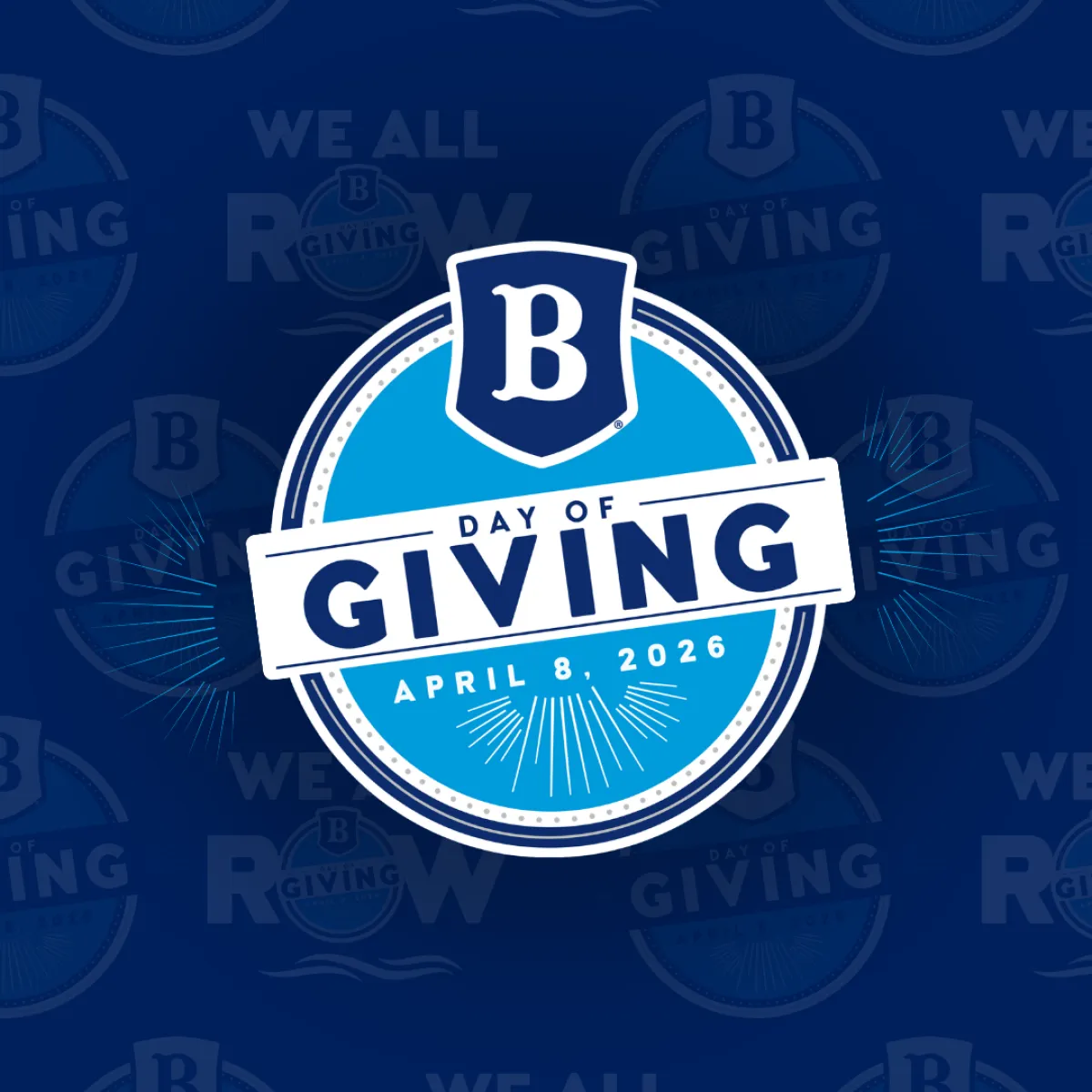 Blue and white circular logo for B Day of Giving on April 8, 2026, with decorative rays and background pattern.