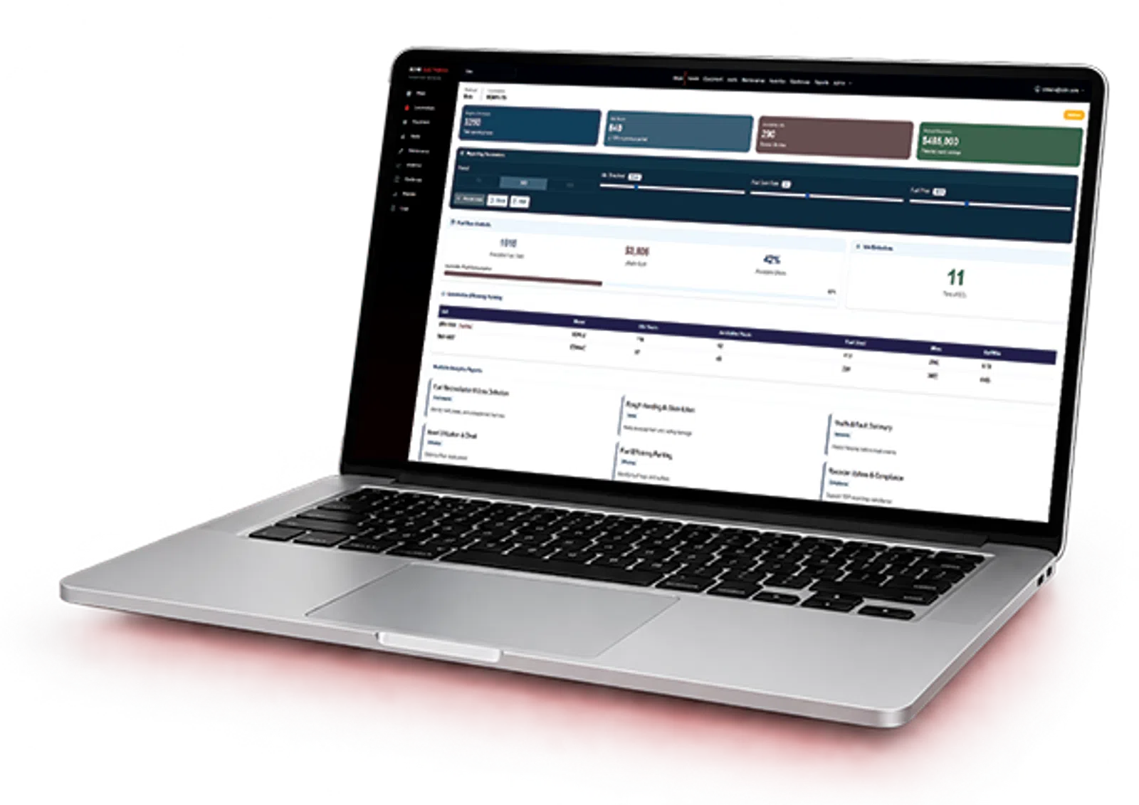 Laptop with financial dashboard displayed on screen, showing various metrics and data tables against a transparent background.