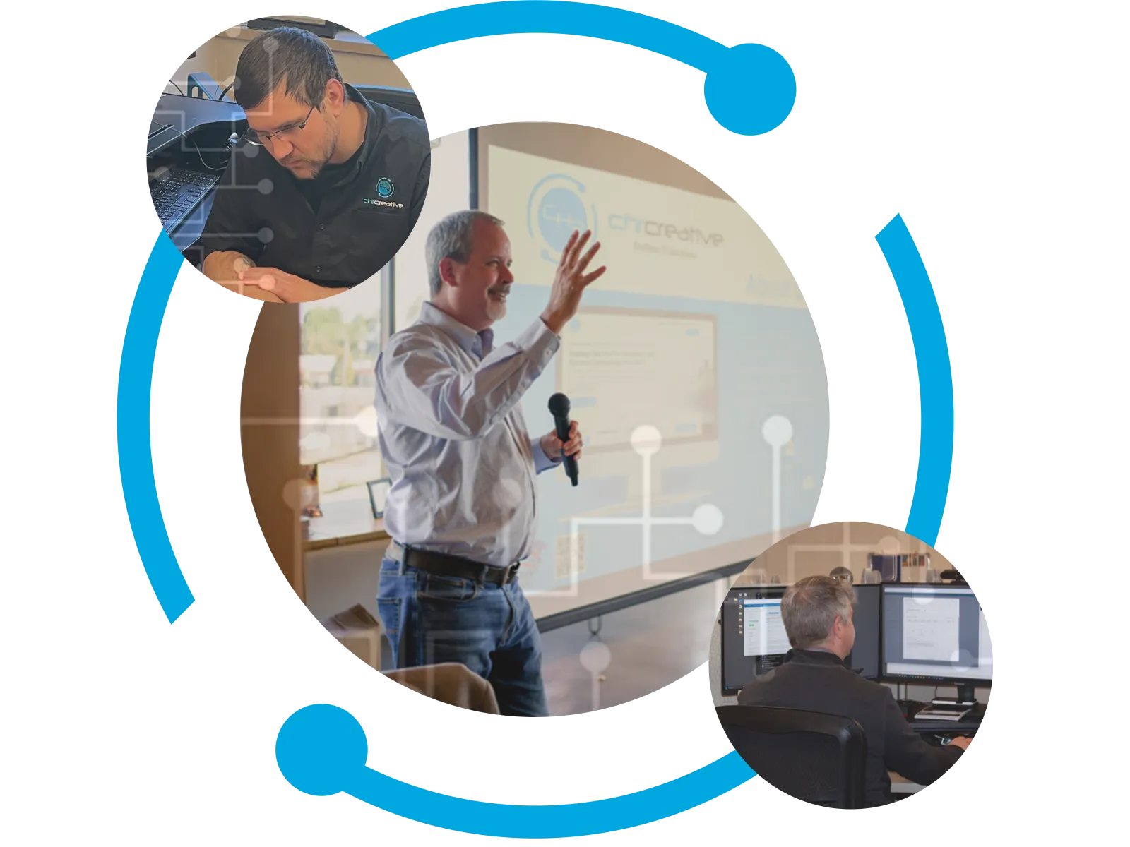 Man giving a presentation with a microphone, two smaller circles show colleagues working and collaborating in office.