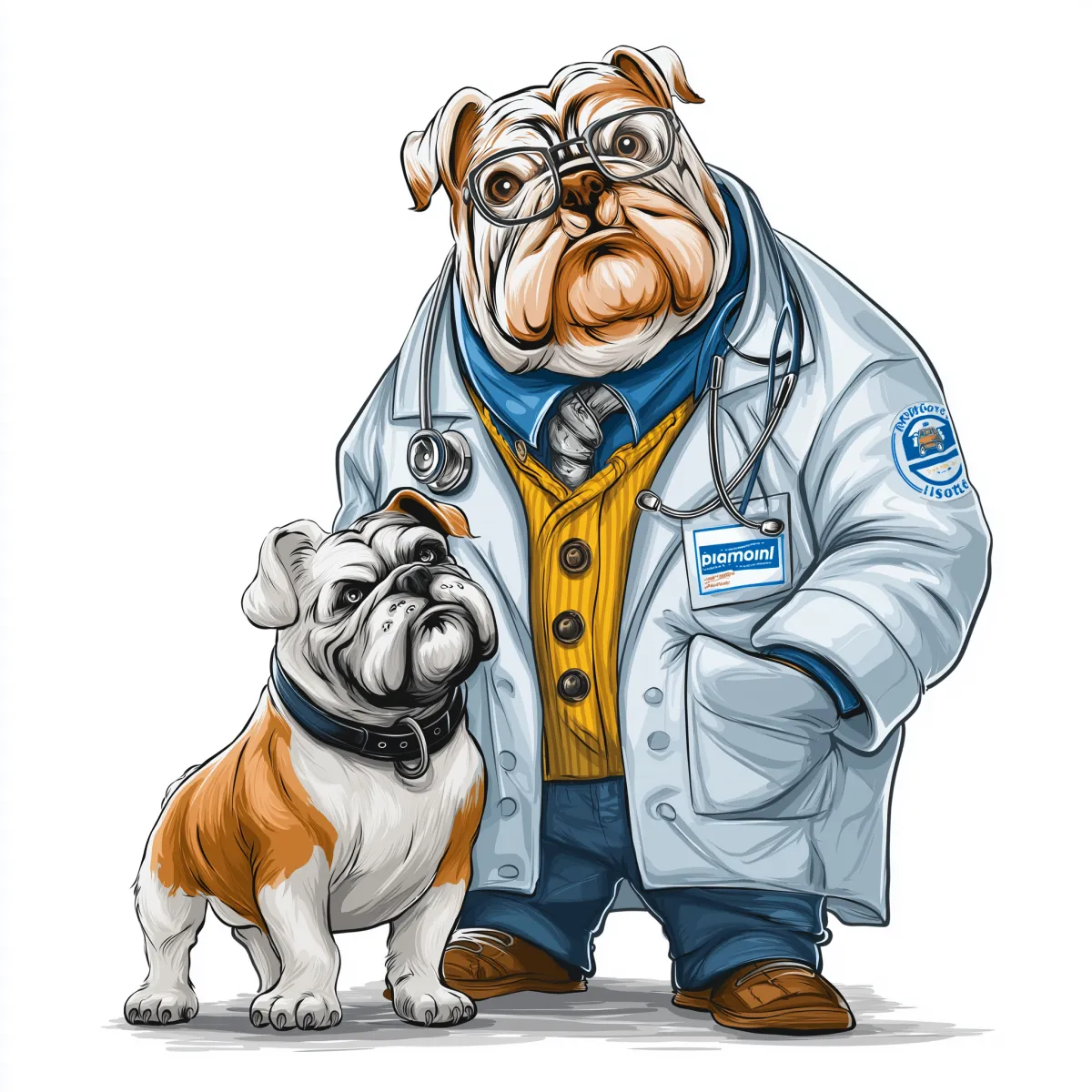 Cartoon bulldog dressed as a doctor with glasses and stethoscope standing next to a real bulldog on white background