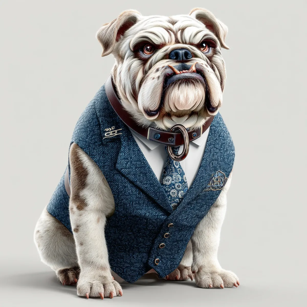Bulldog wearing a blue tweed suit and floral tie with a brown leather collar against a neutral background