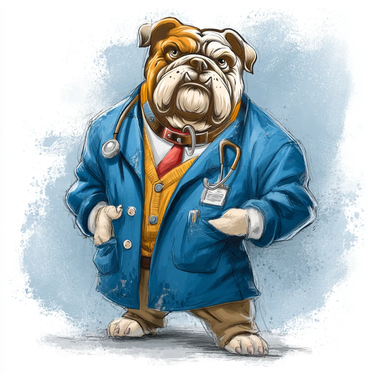 Illustration of a bulldog dressed as a doctor with a blue coat, stethoscope, and red tie in a confident pose.
