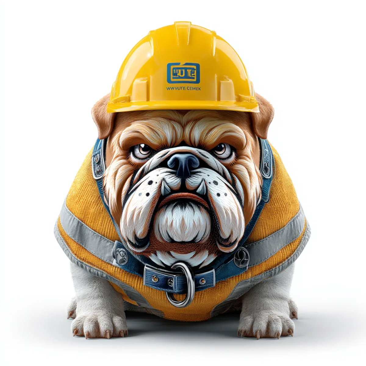 Bulldog wearing a yellow construction hard hat and reflective vest looking determined against white background