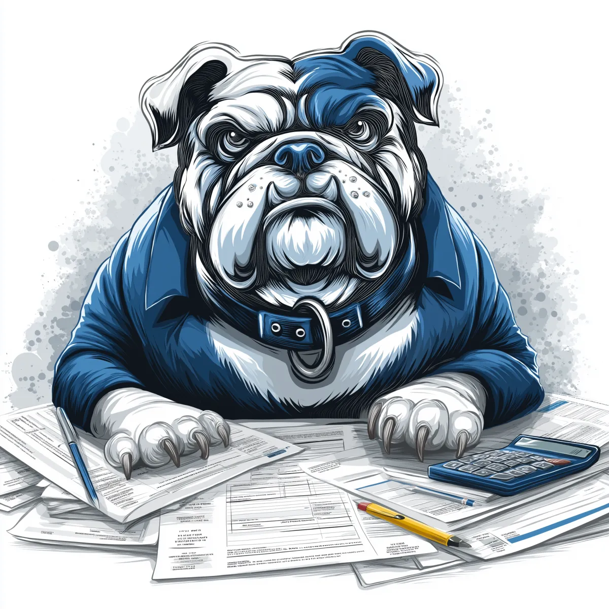 Illustration of a serious bulldog in a blue shirt handling paperwork with a calculator and pens on the desk.
