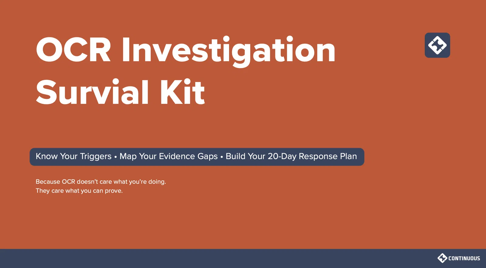 Orange and blue banner promoting OCR Investigation Survival Kit with tips and 20-day response plan guidance.