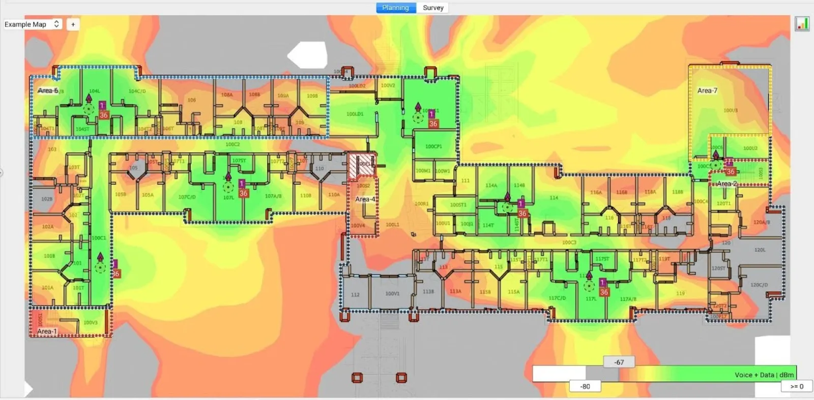 Indoor WiFi heatmap displaying signal strength with areas colored from green to red on building floor plan.