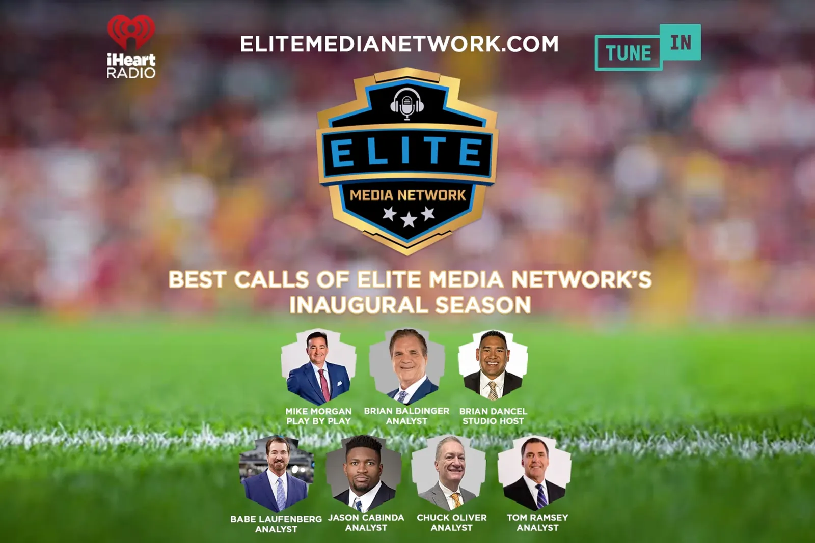 Elite Media Network inaugural season best calls featuring analysts and hosts with football field background.