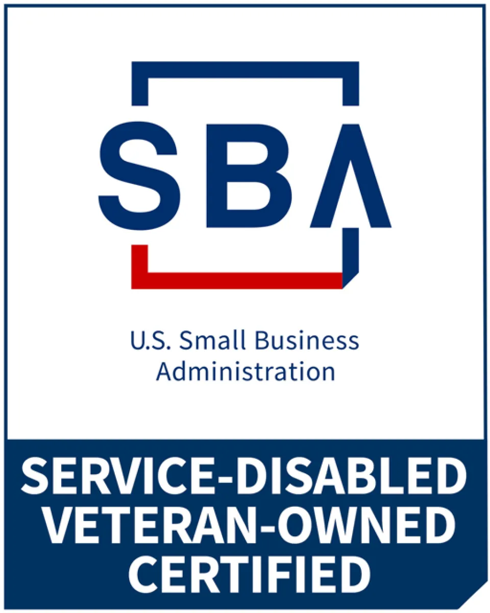 Logo of U.S. Small Business Administration Service-Disabled Veteran-Owned Certified program in red and blue.
