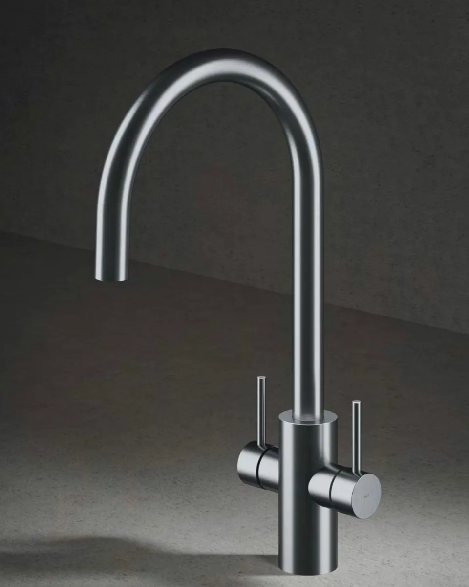 Modern stainless steel kitchen faucet with dual handles and a high-arc spout on a gray background