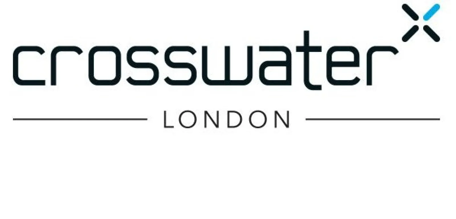 Crosswater London logo featuring modern typography and a blue-accented stylized icon on white background