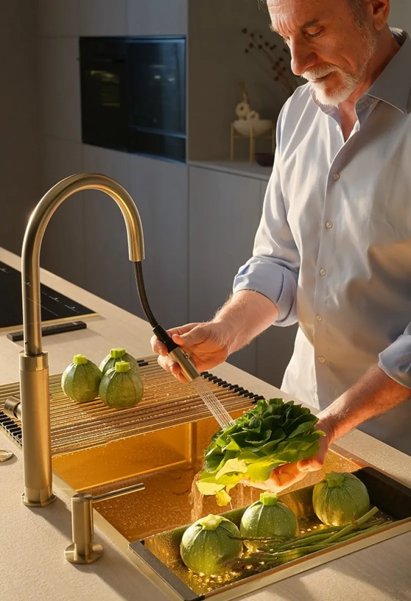 Man washing fresh green vegetables in a modern kitchen with warm lighting and a gold-tone faucet.