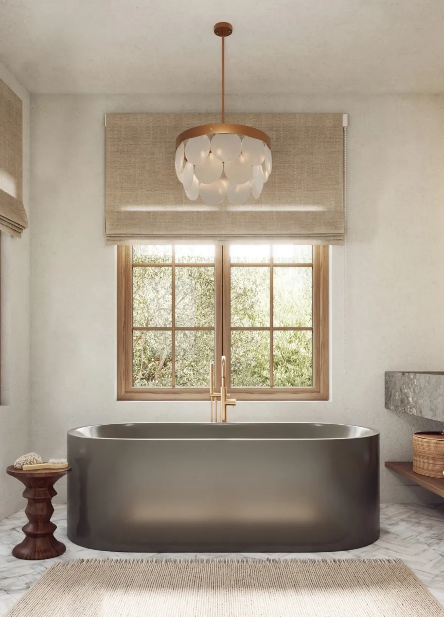Modern bathroom with dark freestanding tub, wooden stool, large window with shades, and hanging pendant light.