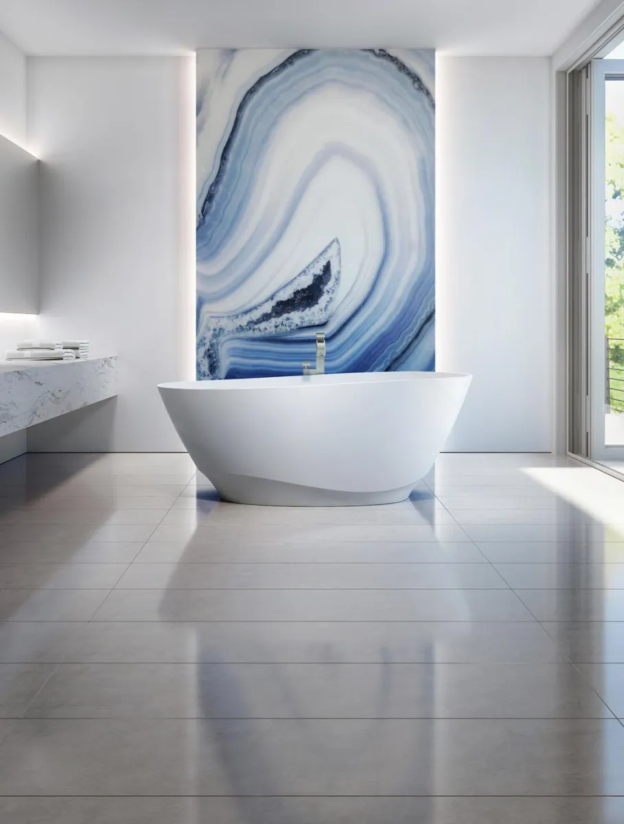 Minimalist bathroom with freestanding white tub, marble countertop, large blue agate wall art, and floor-to-ceiling window.