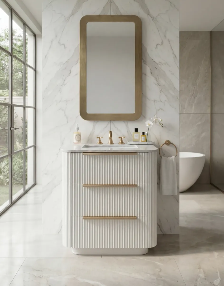 Modern bathroom with marble walls, a gold-framed mirror, white vanity, and large window showcasing greenery outside