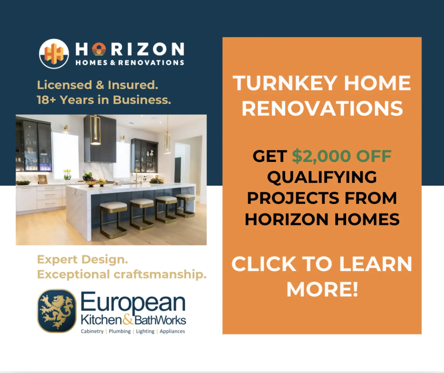 Modern kitchen with island and stools, Horizon Homes renovation ad offering $2,000 off qualifying projects.