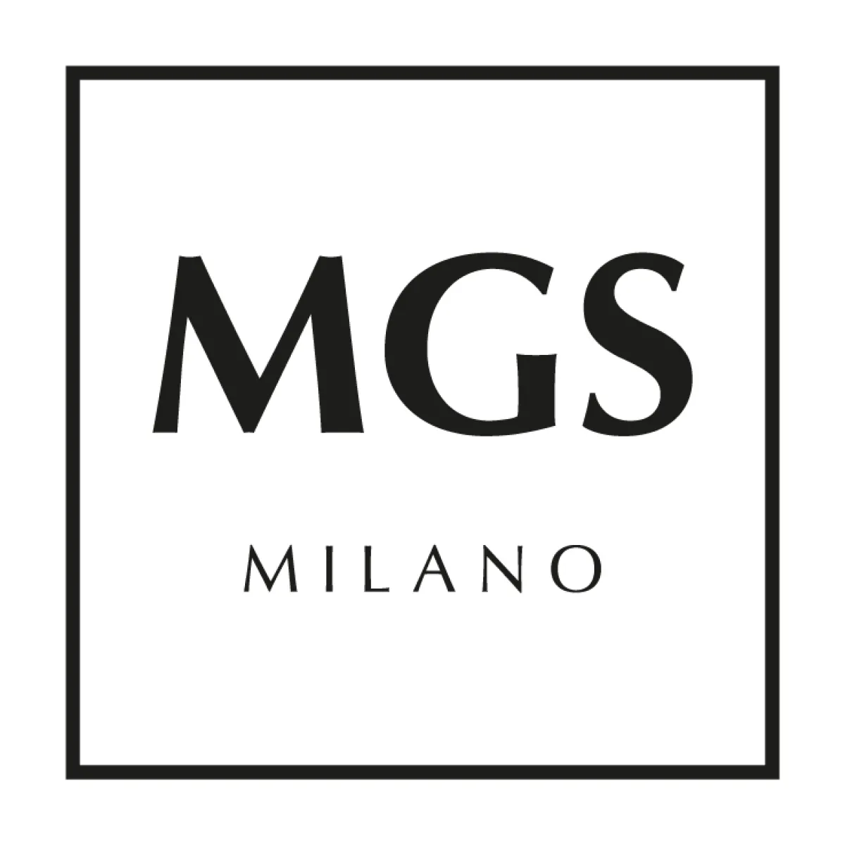 Black MGS Milano logo with uppercase letters inside a black square frame on white background