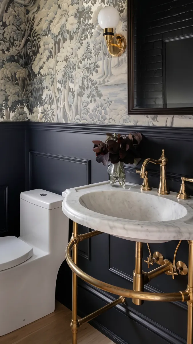 Elegant bathroom with marble sink, brass fixtures, dark paneling, floral wallpaper, and white toilet under soft lighting.